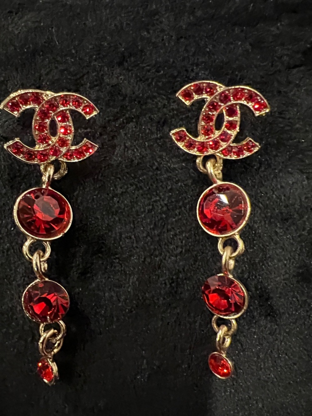 CHANEL Red Crystal Logo Drop Earrings - Gold Tone - Picture 2 of 13